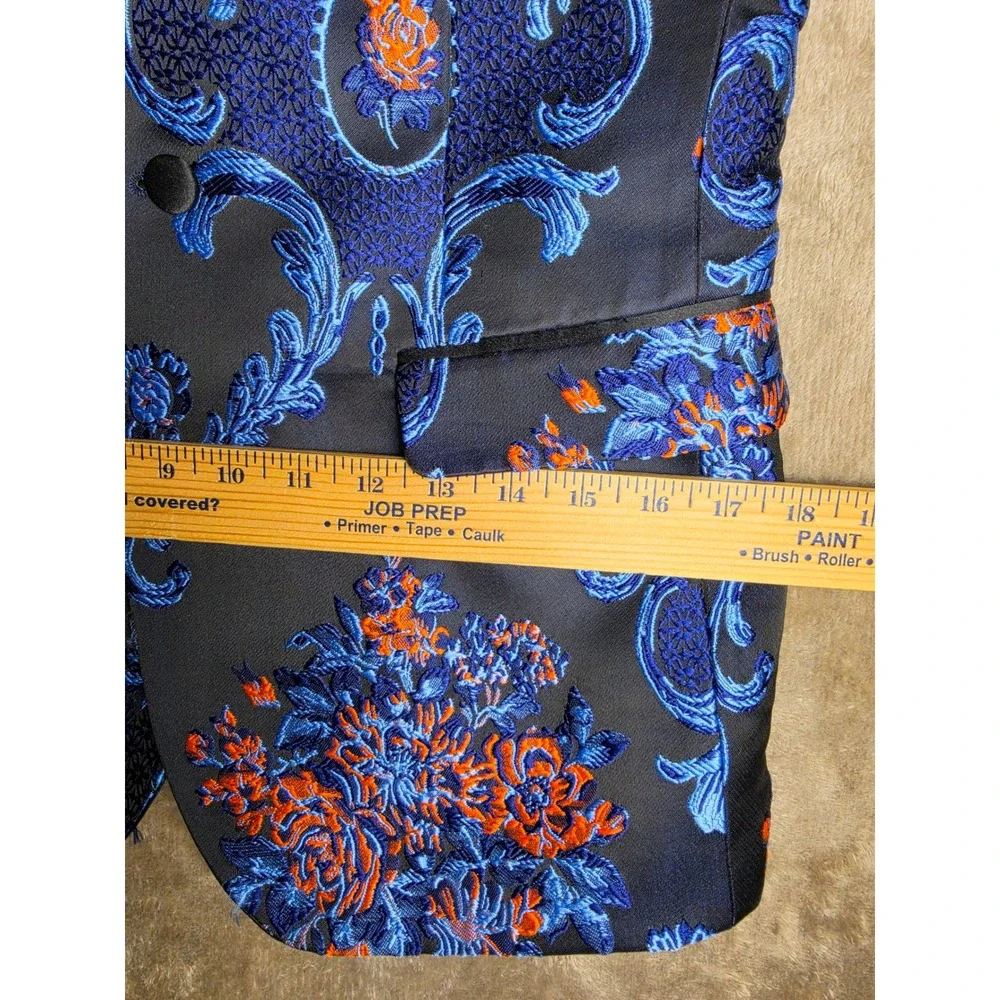 Retro Paris Monte Carlo III Blazer Indigo Blue Orange Floral Damask Tuxedo 36S